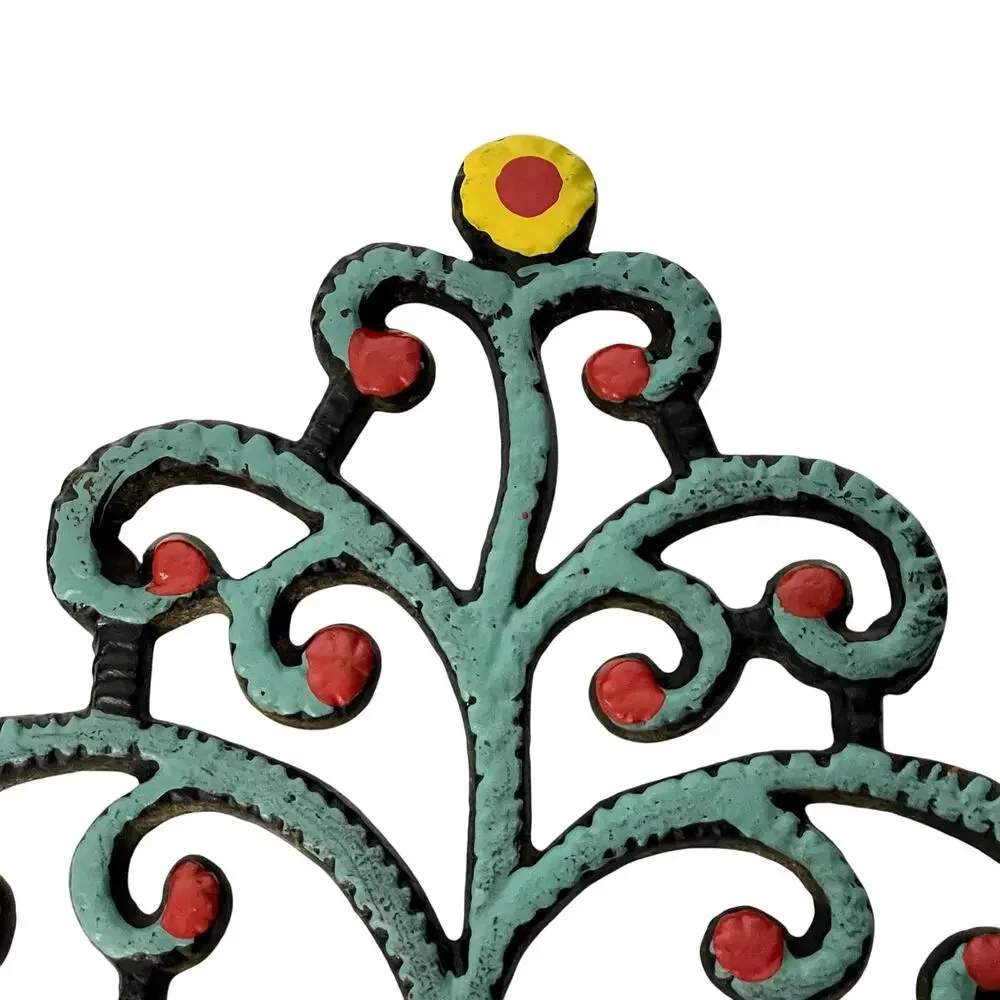 Vintage Cast Iron Family Tree Trivet John Wright Painted Mint Green Red Yellow